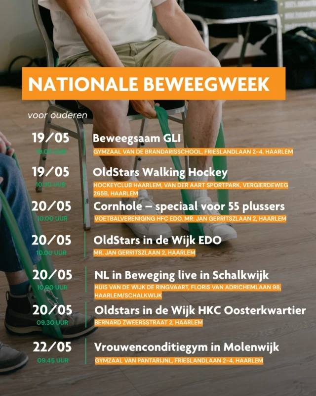 Gister deelde we al kort over de Nationale Beweegweek voor ouderen.

Ook in Haarlem organiseren we verschillende activiteiten, van OldStars Walking Hockey tot cornhole en conditiegym.

📍 Scroll door de agenda en kijk welke activiteit bij jou past!

#haarlem #jongenoudinbeweging #sameninbeweging #sportsupport #nationalebeweegweek