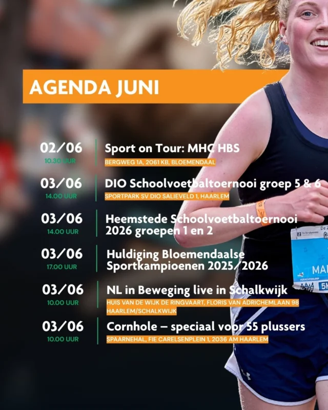 🌞 Juni staat voor de deur en dat betekent: volop sportieve activiteiten voor jong en oud!

Van vrouwenconditiegym en OldStars tot cornhole, de Buitenspeeldag, een gezellige picknick én natuurlijk @grachtenloop 🏃‍♀️🏃‍♂️

Scroll door de agenda en ontdek welke activiteit bij jou past.

Welke activiteit staat er op jouw planning? 👇

#sportsupport #jongenoudinbeweging #dezorgspecialistgrachtenloop #hardlopen #buitenspeeldag