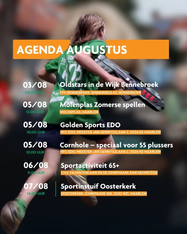 Augustus zit weer bomvol beweging voor jong en oud☀️

Van suppen en lasergamen tot OldStars, Sport on Tour en activiteiten in de wijk. Er is voor iedereen iets te beleven.

Swipe door de agenda en zet jouw favoriet alvast in je agenda.

#sportsupport #kennemerland #jongenoudinbeweging